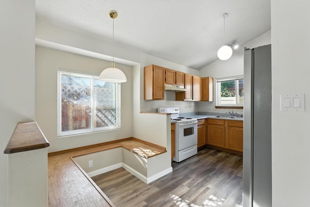 7816 Bursera Dr NW, Albuquerque, NM 87120 - kitchen featuring electric range, freestanding refrigerator, dark wood-type flooring, lofted ceiling, and pendant lighting