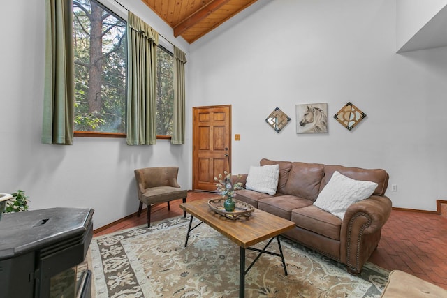 113 Sandia Crest Rd, Sandia Park, NM 87047 - living area with a wooden ceiling with exposed beams, brick flooring, and high vaulted ceiling