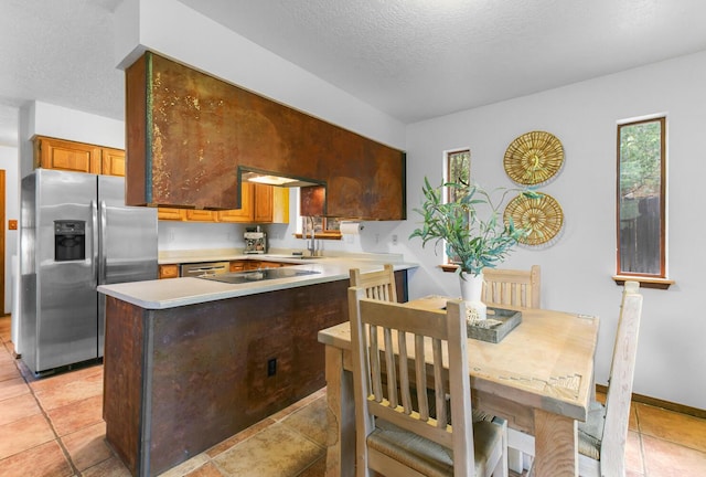 113 Sandia Crest Rd, Sandia Park, NM 87047 - kitchen featuring appliances with stainless steel finishes, light countertops, plenty of natural light, a peninsula, and a textured ceiling