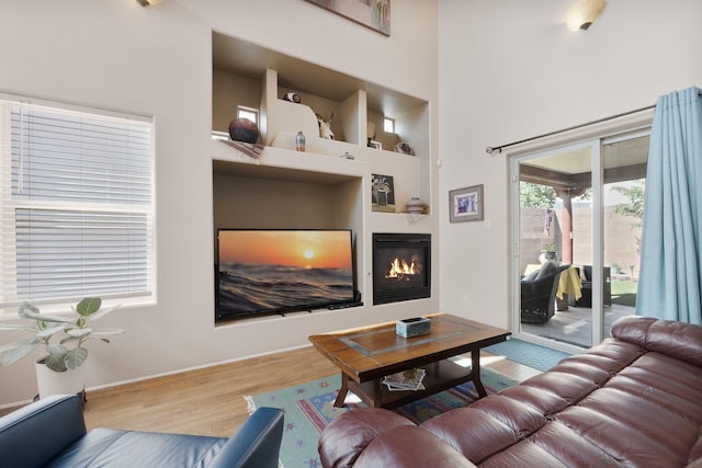 10027 Vista Cantera Ln NW, Albuquerque, NM 87114 - living room featuring wood finished floors, a glass covered fireplace, and a high ceiling