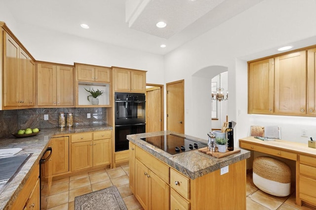 13100 Desert Moon Pl NE, Albuquerque, NM 87111 - kitchen featuring black appliances, arched walkways, light tile patterned floors, open shelves, and recessed lighting