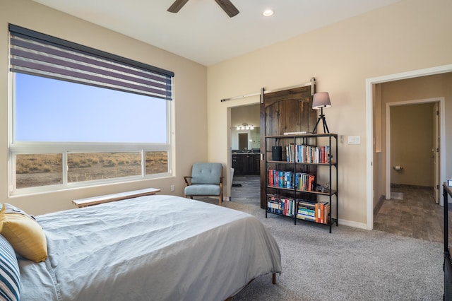 24 Norte Trl, Placitas, NM 87043 - bedroom with carpet flooring, a ceiling fan, ensuite bath, and recessed lighting