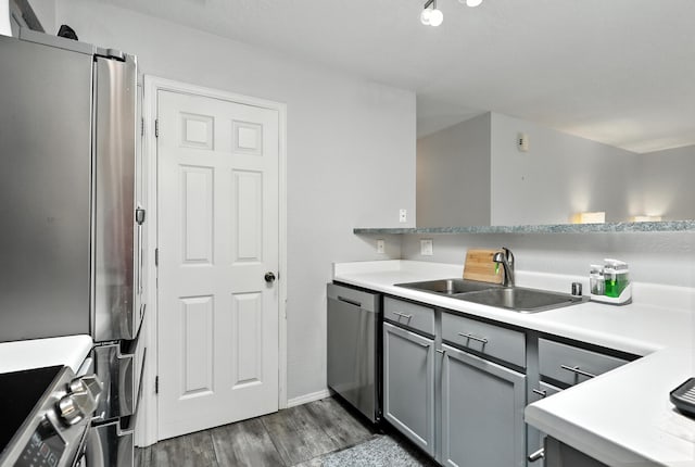 4801 Irving Blvd NW Unit 304, Albuquerque, NM 87114 - kitchen featuring stainless steel appliances, gray cabinets, dark wood-type flooring, and light countertops