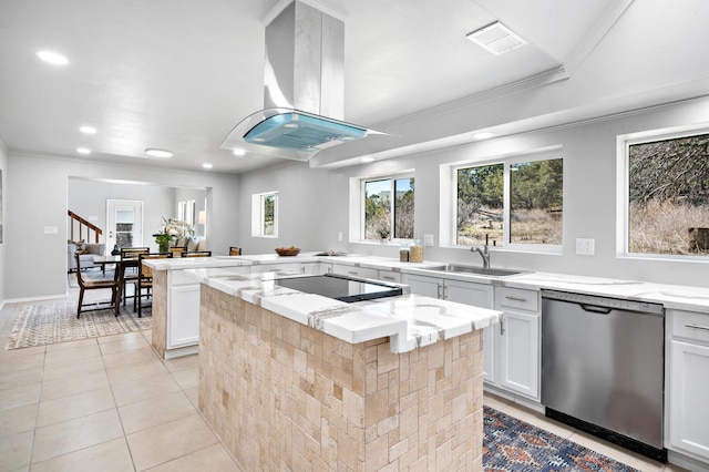19 Bobcat Hill Rd, Sandia Park, NM 87047 - kitchen featuring stainless steel dishwasher, island exhaust hood, recessed lighting, light stone counters, and light tile patterned flooring