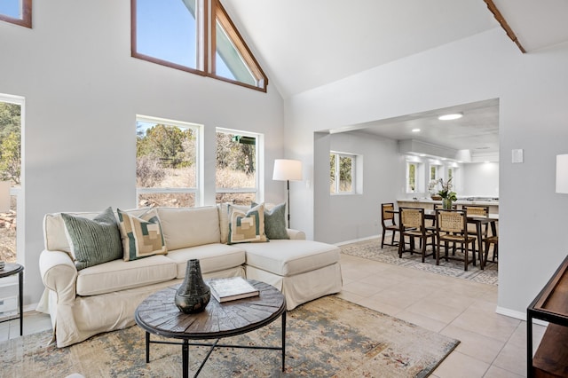 19 Bobcat Hill Rd, Sandia Park, NM 87047 - tiled living area featuring baseboards and high vaulted ceiling