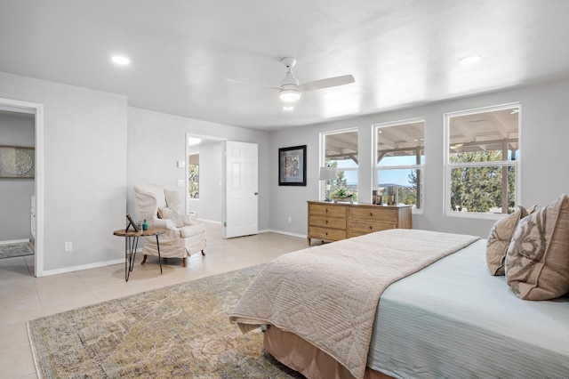 19 Bobcat Hill Rd, Sandia Park, NM 87047 - bedroom featuring light tile patterned floors, multiple windows, a ceiling fan, and recessed lighting