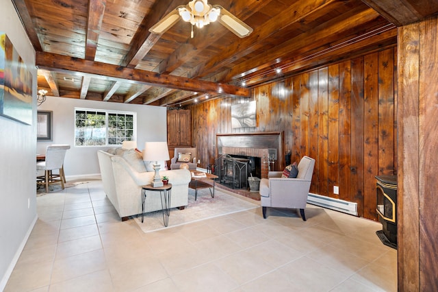 19 Bobcat Hill Rd, Sandia Park, NM 87047 - living area featuring a baseboard radiator, a wood stove, a wooden ceiling with exposed beams, wood walls, and a ceiling fan