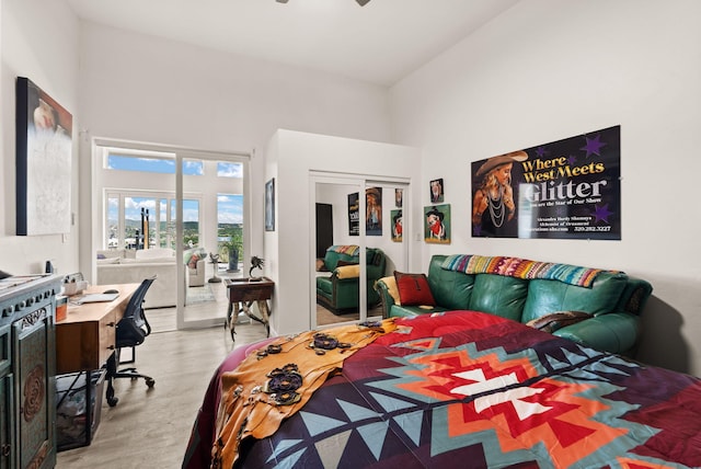 343 Webb Ranch Rd, Pie Town, NM 87827 - bedroom with a high ceiling, access to exterior, a closet, light wood-type flooring, and a ceiling fan
