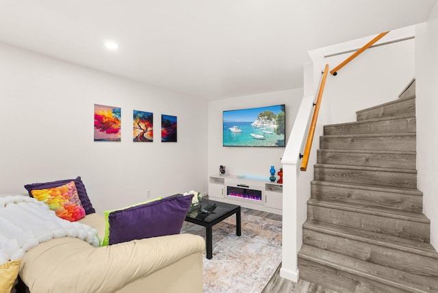 343 Webb Ranch Rd, Pie Town, NM 87827 - living area featuring stairway, wood finished floors, and recessed lighting