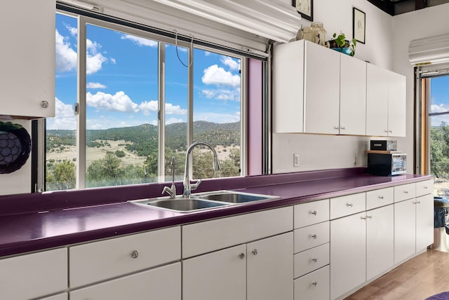 343 Webb Ranch Rd, Pie Town, NM 87827 - kitchen featuring dark countertops, white cabinetry, and light wood-style flooring