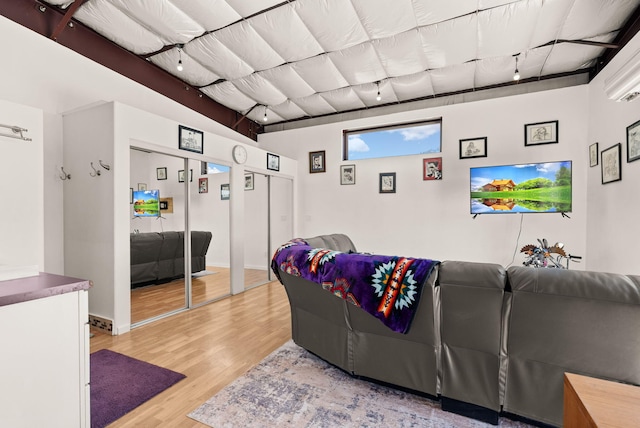 343 Webb Ranch Rd, Pie Town, NM 87827 - living area with light wood finished floors, a wall unit AC, and rail lighting