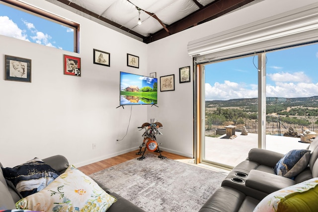 343 Webb Ranch Rd, Pie Town, NM 87827 - living room with wood finished floors and beamed ceiling
