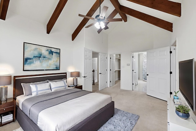 8 Fawn Rd, Cedar Crest, NM 87008 - bedroom with high vaulted ceiling, beamed ceiling, light carpet, a spacious closet, and ensuite bath