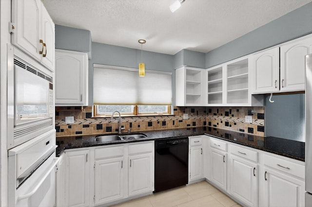 8 Fawn Rd, Cedar Crest, NM 87008 - kitchen featuring white appliances, open shelves, white cabinets, decorative backsplash, and a textured ceiling