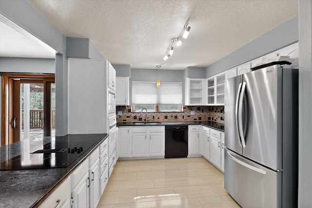 8 Fawn Rd, Cedar Crest, NM 87008 - kitchen featuring black appliances, backsplash, white cabinetry, open shelves, and a textured ceiling