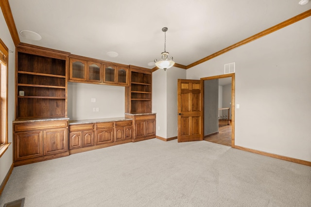 2632 Globe Ct NE, Rio Rancho, NM 87124 - unfurnished living room with light colored carpet, crown molding, and vaulted ceiling