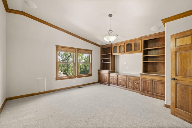 2632 Globe Ct NE, Rio Rancho, NM 87124 - unfurnished living room with vaulted ceiling, light carpet, and crown molding