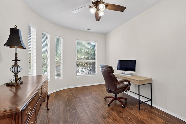 1128 San Augustin Dr, Bernalillo, NM 87004 - office area with dark wood finished floors and a ceiling fan