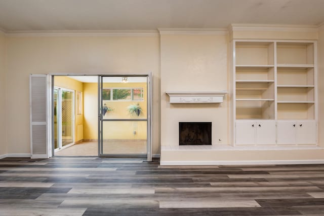 3244 La Ronda Pl NE, Albuquerque, NM 87110 - unfurnished living room with dark wood-style floors, crown molding, and a fireplace with raised hearth