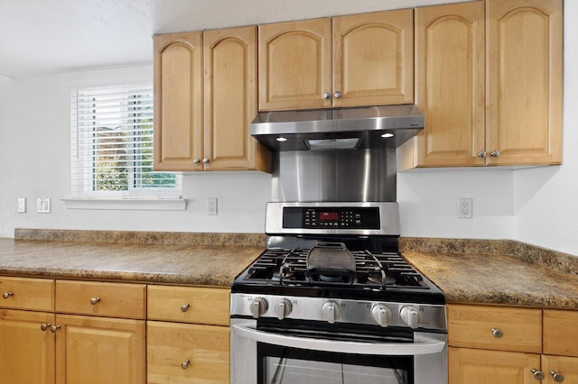 6940 Cherry Hills Loop NE, Albuquerque, NM 87111 - kitchen featuring stainless steel gas stove, extractor fan, and light brown cabinetry