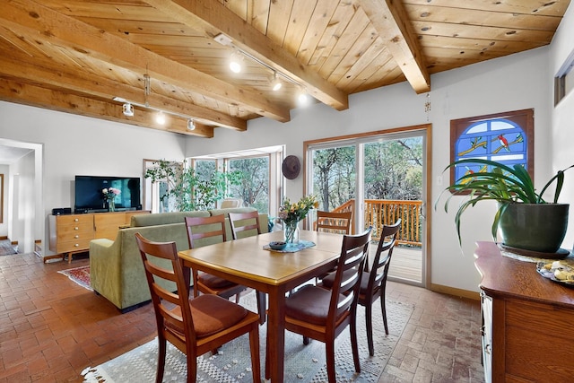 19 Villa Del Monte Loop, Tijeras, NM 87059 - dining space with a wooden ceiling with exposed beams, brick flooring, and rail lighting