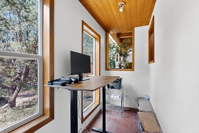 19 Villa Del Monte Loop, Tijeras, NM 87059 - office area with brick flooring, wood ceiling, and plenty of natural light