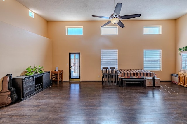 300 Thompson, Moriarty, NM 87035 - living area featuring a ceiling fan, a towering ceiling, wood finished floors, healthy amount of natural light, and a textured ceiling