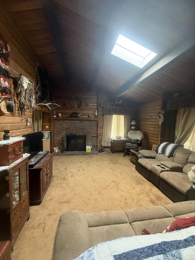 455 Obsidian Rd, Jemez Springs, NM 87025 - living area featuring carpet floors, a fireplace, and a skylight