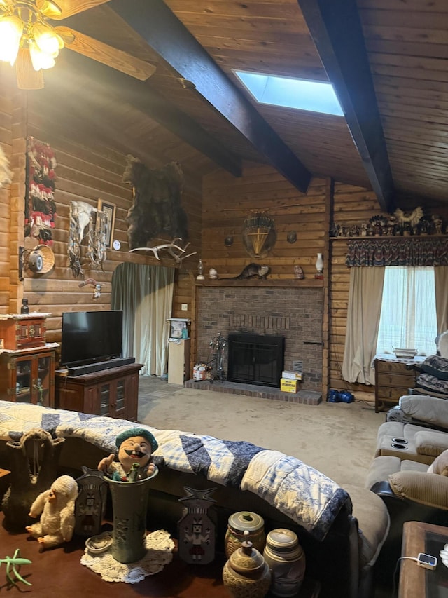 455 Obsidian Rd, Jemez Springs, NM 87025 - carpeted living room featuring a brick fireplace, ceiling fan, wooden walls, and wooden ceiling