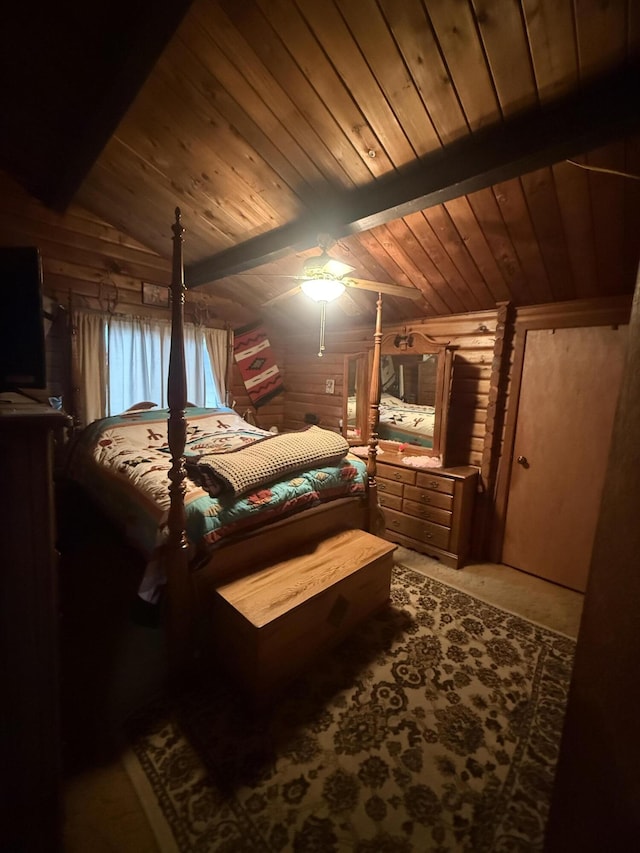 455 Obsidian Rd, Jemez Springs, NM 87025 - bedroom featuring a wood ceiling with exposed beams, carpet flooring, and wood walls