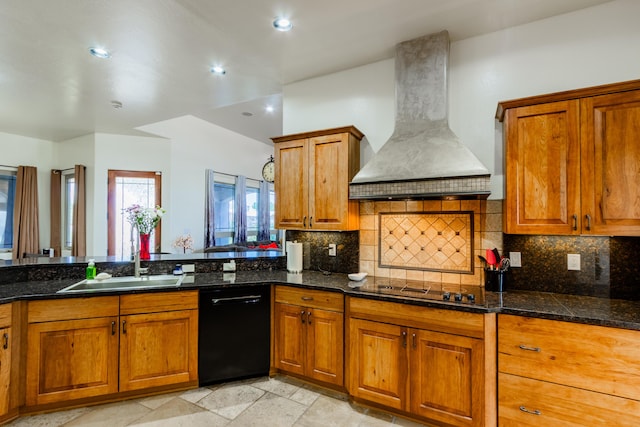 930 Titus Loop, Bosque Farms, NM 87068 - kitchen featuring wall chimney exhaust hood, black appliances, brown cabinetry, decorative backsplash, and recessed lighting