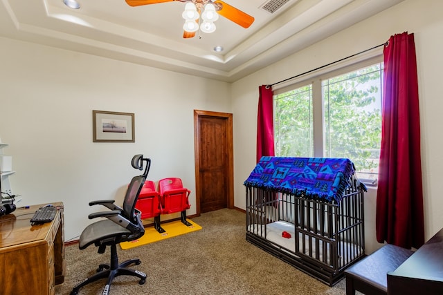 930 Titus Loop, Bosque Farms, NM 87068 - home office with carpet flooring, a raised ceiling, ceiling fan, and recessed lighting