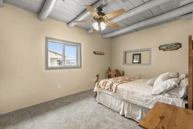 91 Entrada Aragon Rd, Los Lunas, NM 87031 - carpeted bedroom featuring a wood ceiling with exposed beams and a ceiling fan