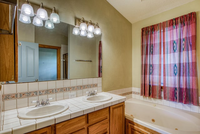 10 Quail Run Rd, Tijeras, NM 87059 - bathroom with double vanity, a whirlpool tub, a textured wall, decorative backsplash, and a textured ceiling