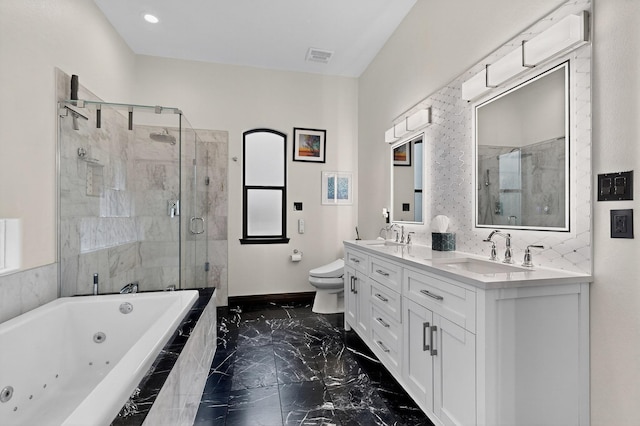 6205 Peachtree Pl NE, Albuquerque, NM 87111 - bathroom with double vanity, a stall shower, a jetted tub, marble finish flooring, and recessed lighting