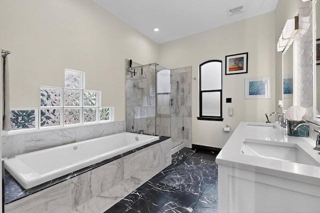 6205 Peachtree Pl NE, Albuquerque, NM 87111 - full bathroom with marble tiled floors, a garden tub, a stall shower, double vanity, and recessed lighting