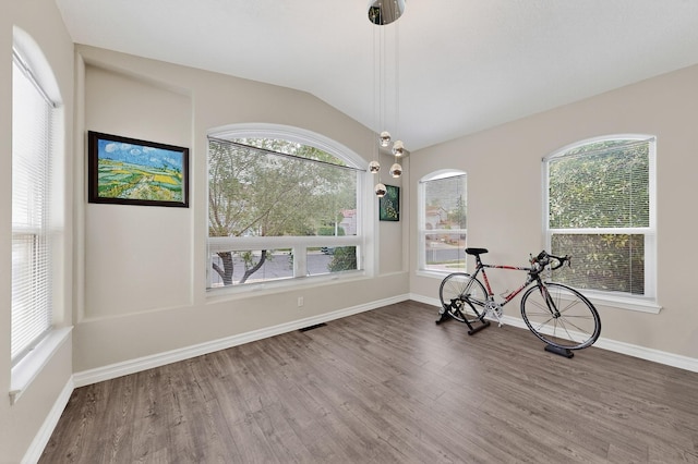 6205 Peachtree Pl NE, Albuquerque, NM 87111 - exercise area featuring wood finished floors and lofted ceiling