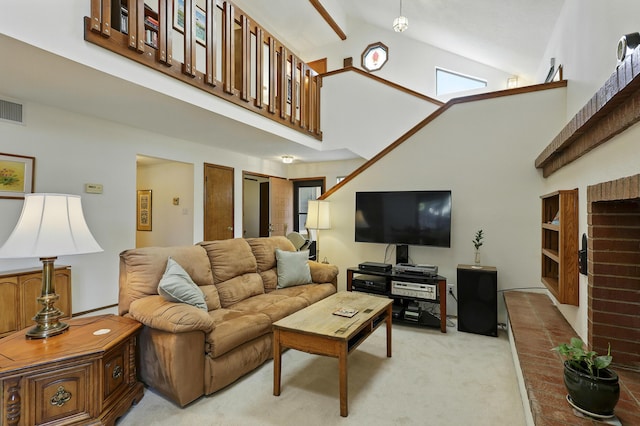 11213 Paseo Del Oso, Albuquerque, NM 87111 - living room with high vaulted ceiling, light colored carpet, and beamed ceiling