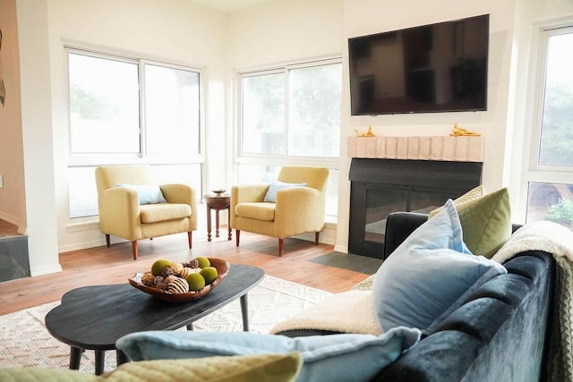 4441 Kellia Ln NE, Albuquerque, NM 87111 - living room featuring a fireplace with flush hearth, healthy amount of natural light, and wood finished floors