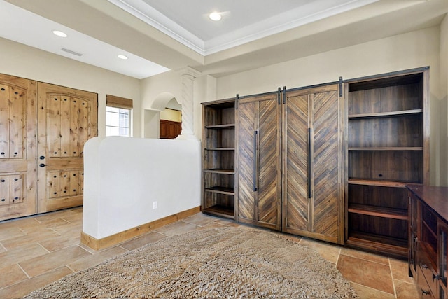 2413 Desert View Rd NE, Rio Rancho, NM 87144 - interior space with ornamental molding, recessed lighting, and a barn door