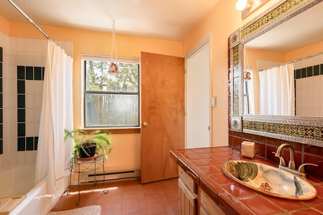 23 Cooper Rd, Cedar Crest, NM 87008 - bathroom with baseboard heating, vanity, shower / bath combination with curtain, and brick patterned floors