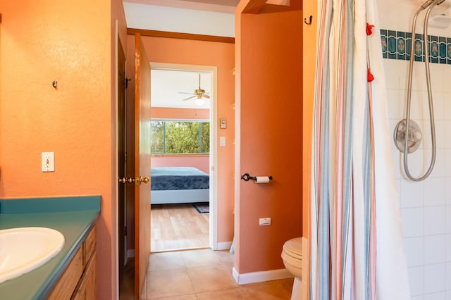 23 Cooper Rd, Cedar Crest, NM 87008 - full bath featuring vanity, a shower with curtain, tile patterned flooring, ensuite bath, and a ceiling fan