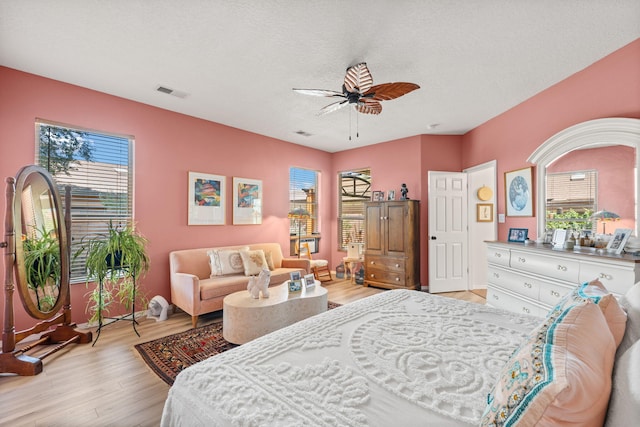 309 Calle Evangeline, Bernalillo, NM 87004 - bedroom with light wood-type flooring, a ceiling fan, and a textured ceiling