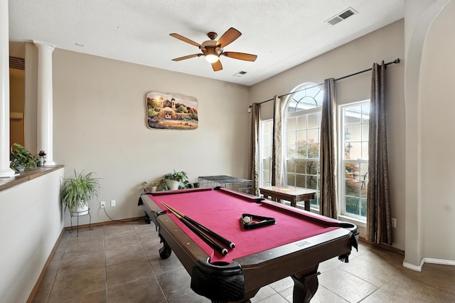 8500 Clarks Fork Rd NW, Albuquerque, NM 87120 - game room featuring billiards table, decorative columns, a ceiling fan, tile patterned flooring, and a textured ceiling