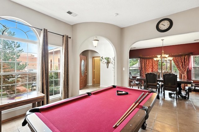 8500 Clarks Fork Rd NW, Albuquerque, NM 87120 - game room featuring arched walkways, billiards, plenty of natural light, and a chandelier