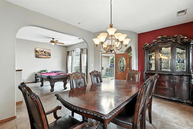 8500 Clarks Fork Rd NW, Albuquerque, NM 87120 - dining space featuring arched walkways, a chandelier, light tile patterned floors, pool table, and ceiling fan