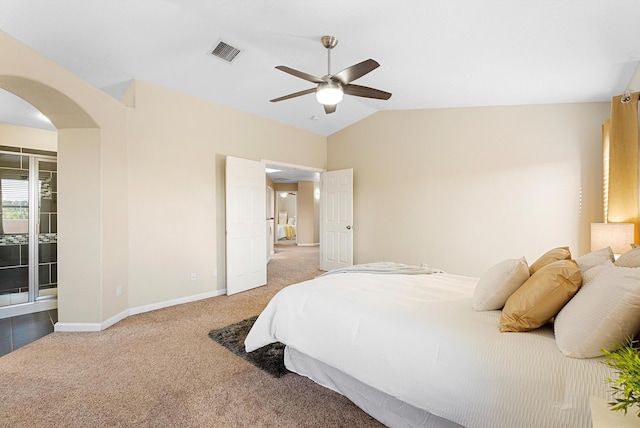 4432 La Paloma Rd NW, Albuquerque, NM 87120 - bedroom featuring carpet, arched walkways, vaulted ceiling, and a ceiling fan