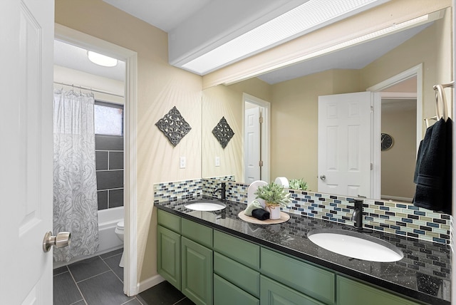 4432 La Paloma Rd NW, Albuquerque, NM 87120 - bathroom with double vanity, tasteful backsplash, tile patterned flooring, and shower / tub combo
