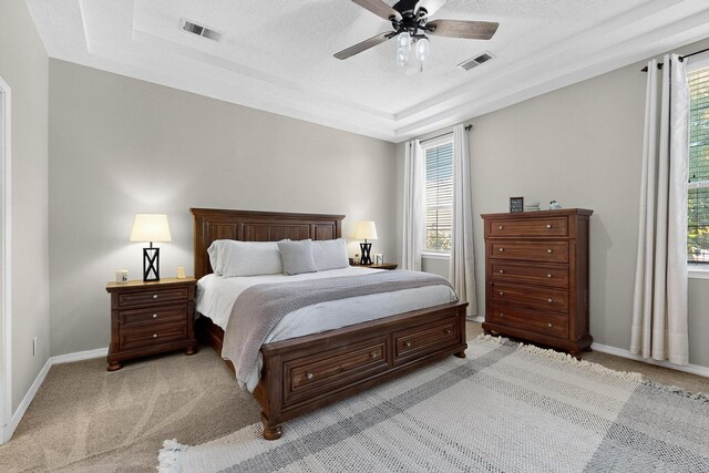 3546 Newcastle Dr SE, Rio Rancho, NM 87124 - bedroom featuring light colored carpet, multiple windows, and a raised ceiling