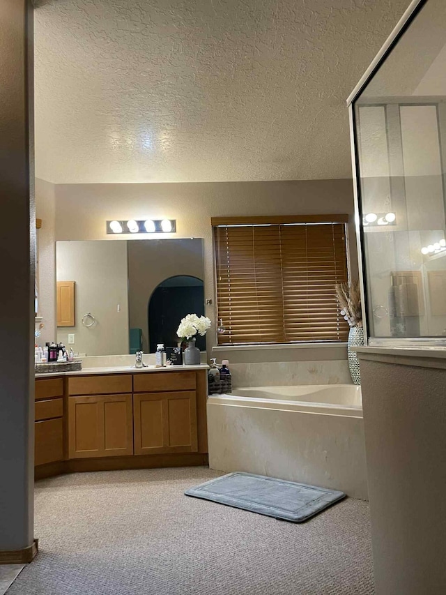 34358 US Highway 285, Ojo Caliente, NM 87549 - bathroom featuring a bath, vanity, a textured ceiling, and carpet floors